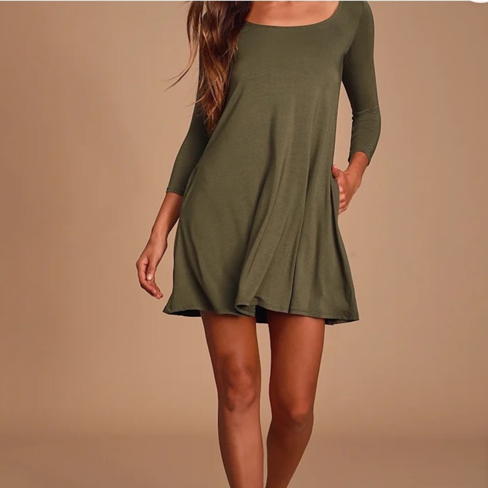 Lulu's Olive Green Twirl Power 3/4 Sleeve Swing Dress